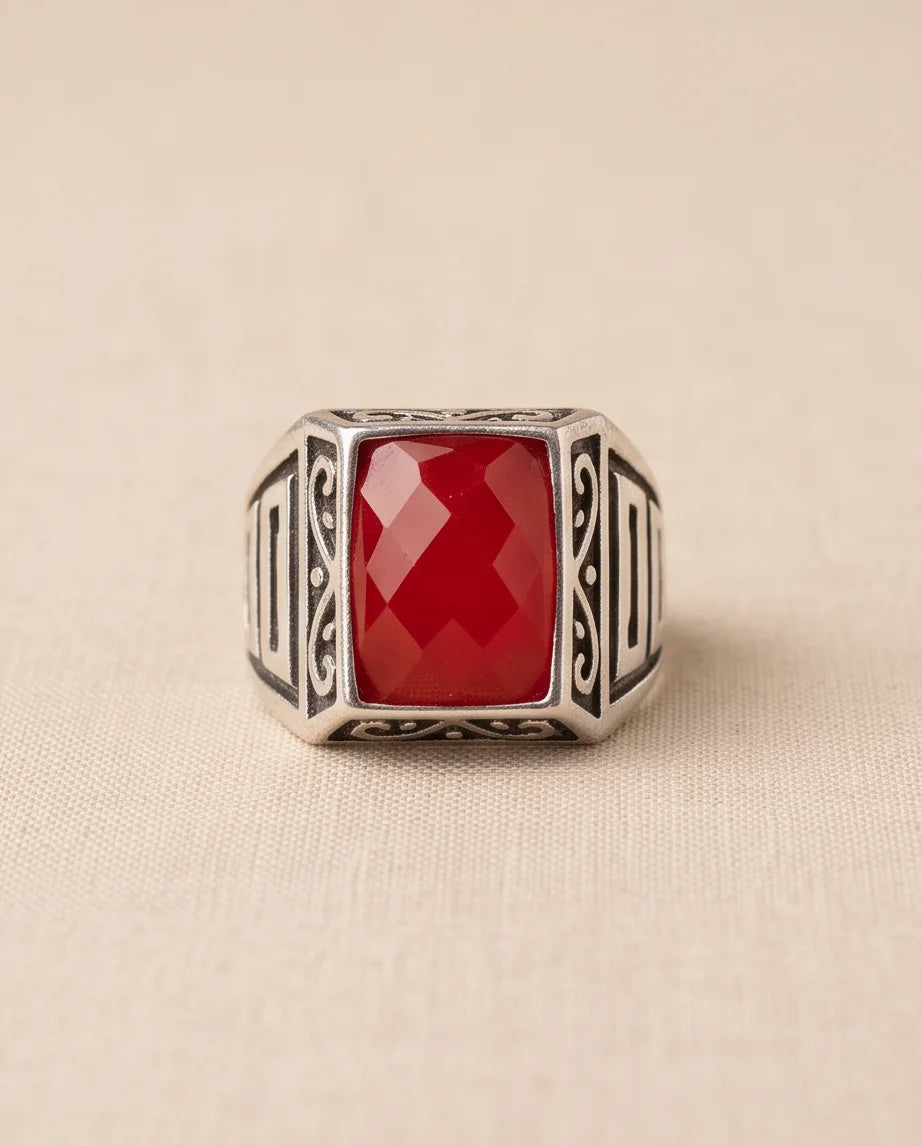 Scarlet Gemstone Filigree Bezel Rectangular Silver Ring