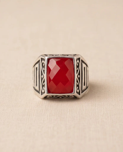 Scarlet Gemstone Filigree Bezel Rectangular Silver Ring