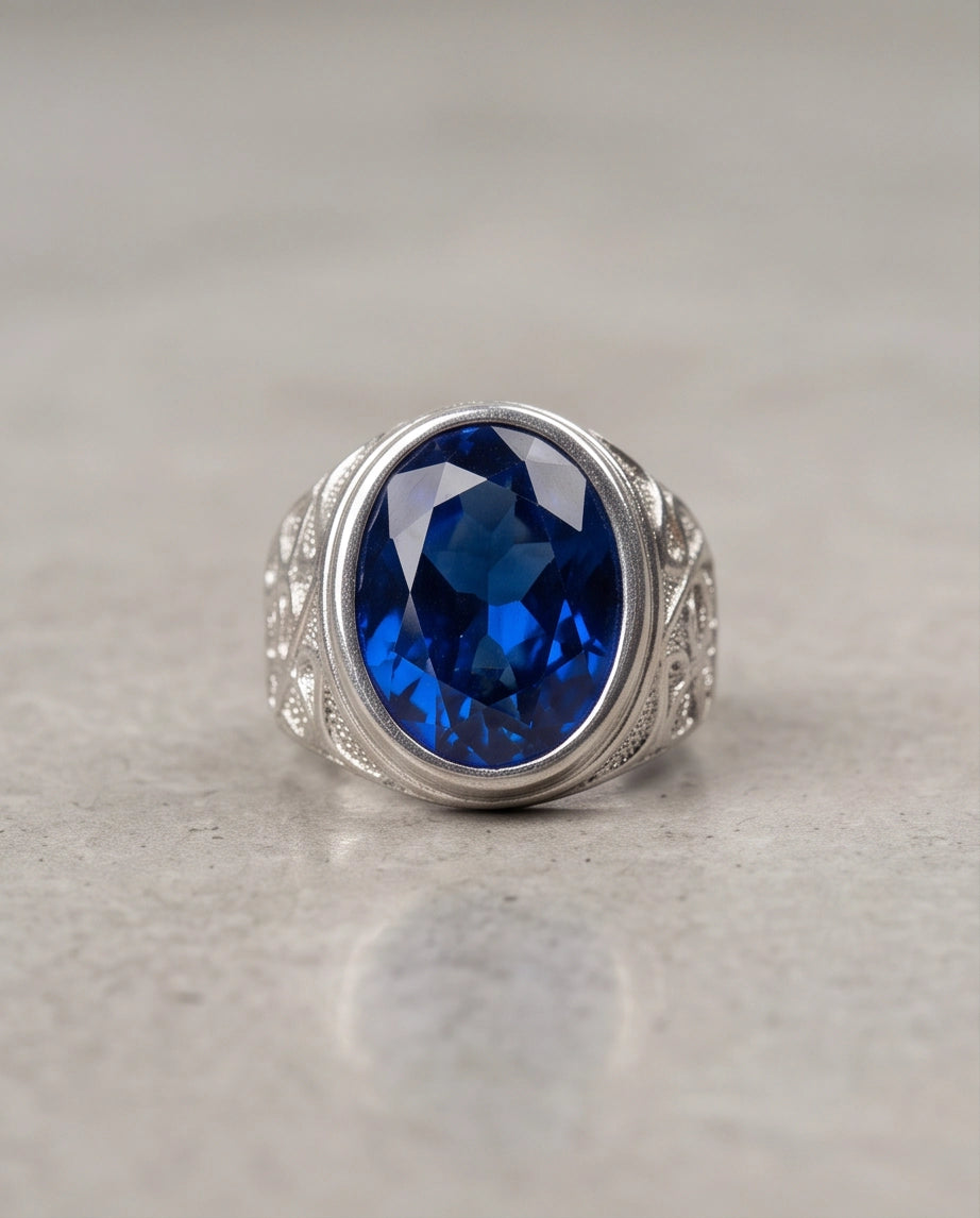 Cobalt Blue Oval-Cut Gemstone Filigree Silver Ring