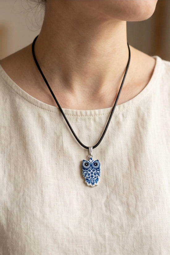 Artistic Blue Porcelain Owl Totem Pendant Necklace