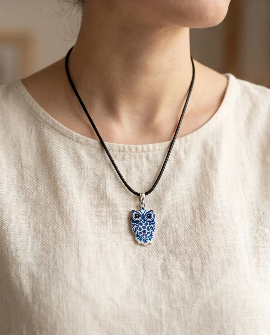 Artistic Blue Porcelain Owl Totem Pendant Necklace