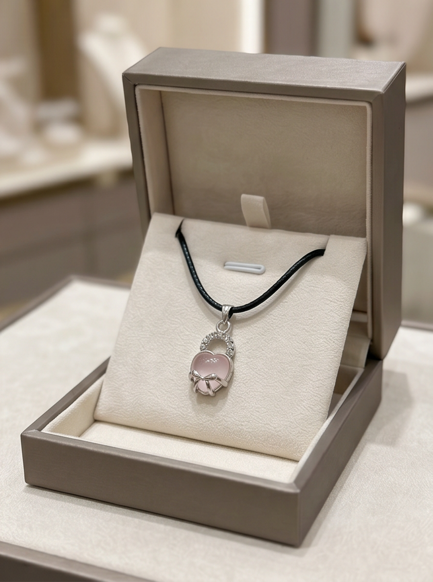 Pink Quartz Heart Bow Lock Pendant Necklace