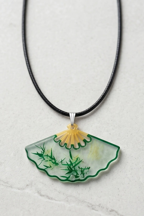 Artistic Green Bamboo Fan Pendant Necklace