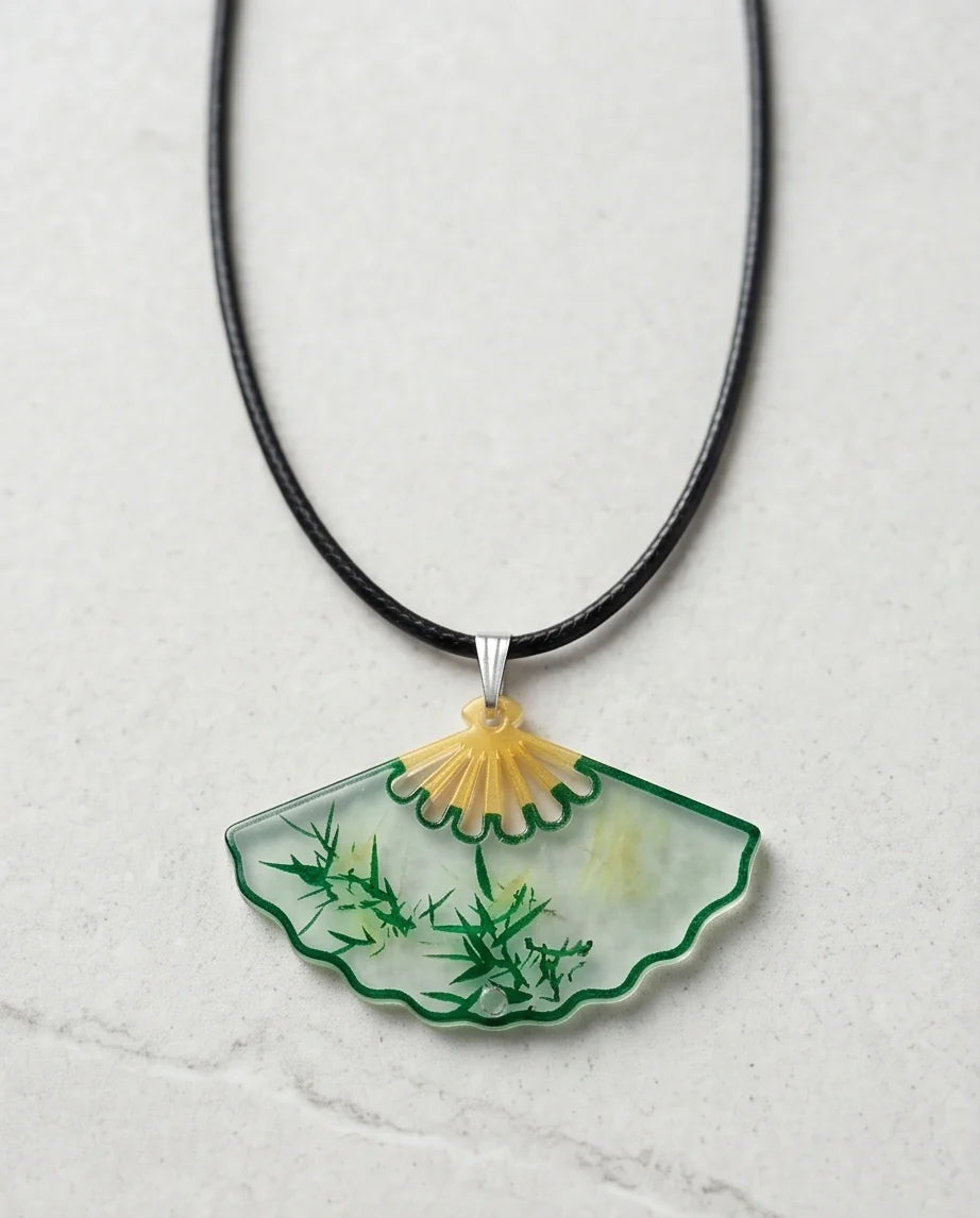 Artistic Green Bamboo Fan Pendant Necklace