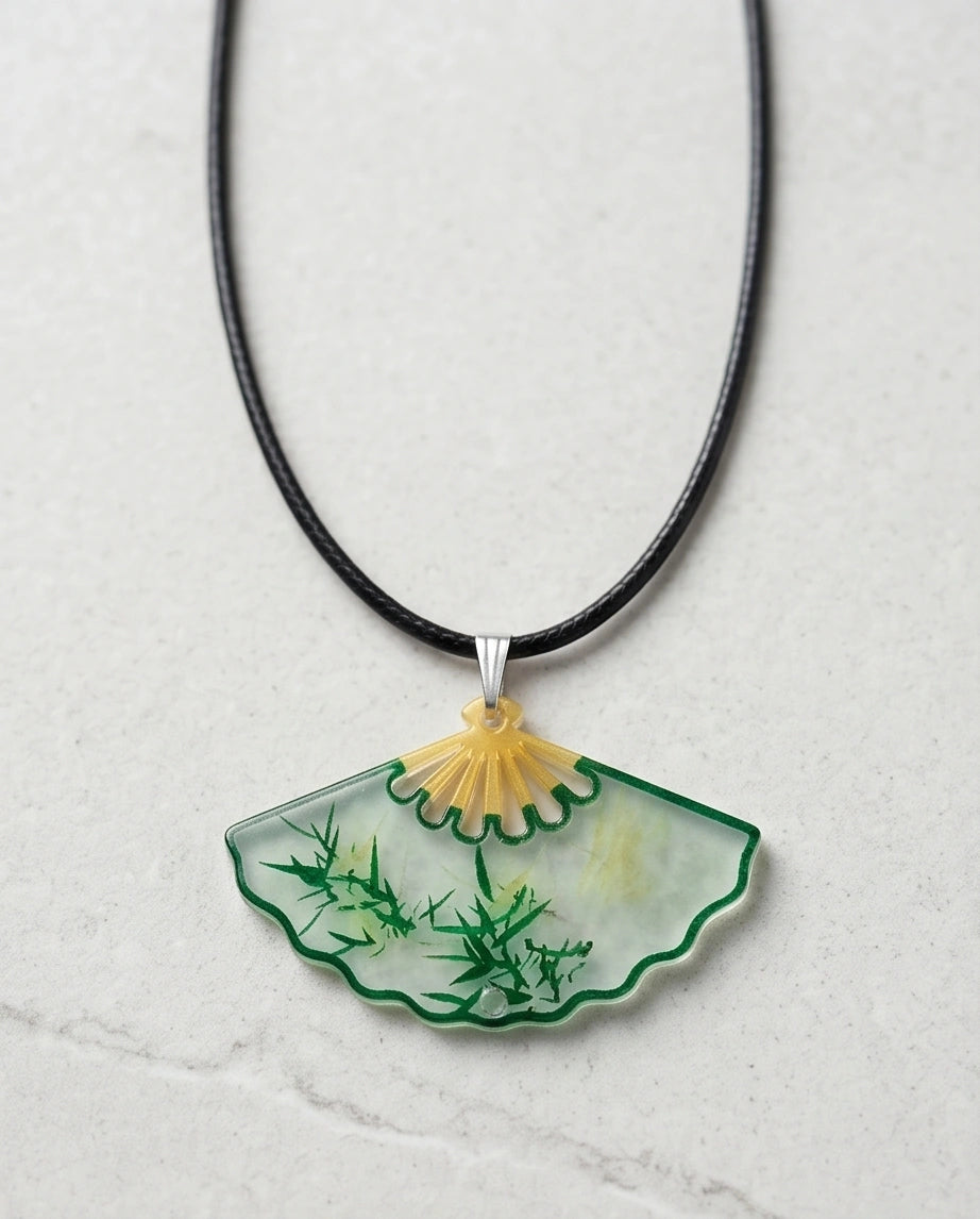 Artistic Green Bamboo Fan Pendant Necklace