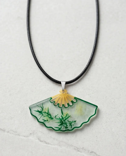 Artistic Green Bamboo Fan Pendant Necklace