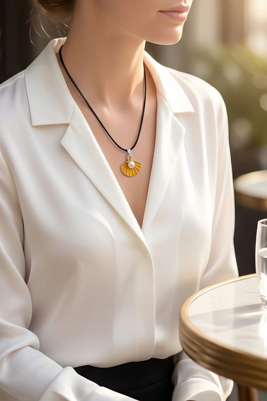 Golden Yellow Seashell Enamel Pendant Necklace with Faux Pearl