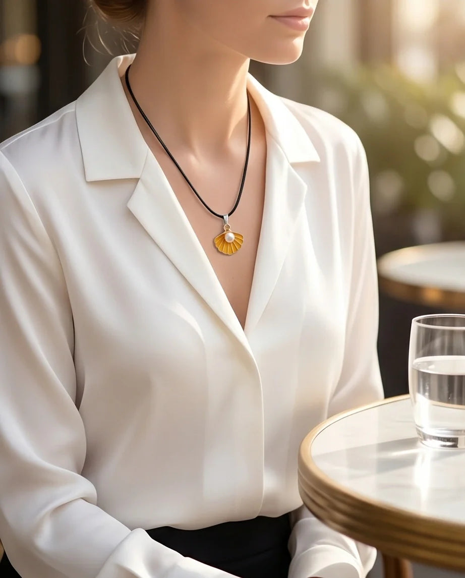 Golden Yellow Seashell Enamel Pendant Necklace with Faux Pearl