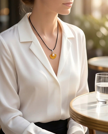 Golden Yellow Seashell Enamel Pendant Necklace with Faux Pearl