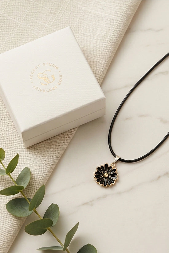 Gold and Black Sunflower Pendant Necklace