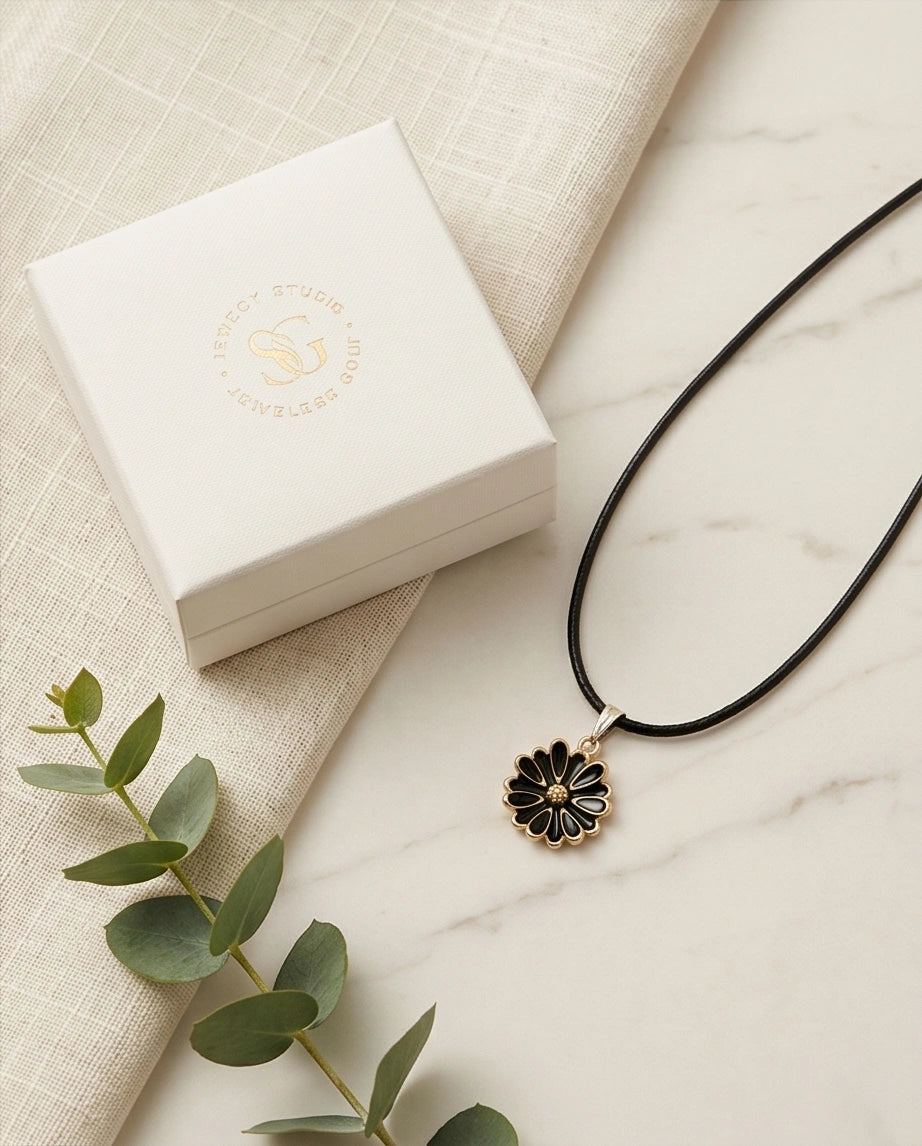 Gold and Black Sunflower Pendant Necklace
