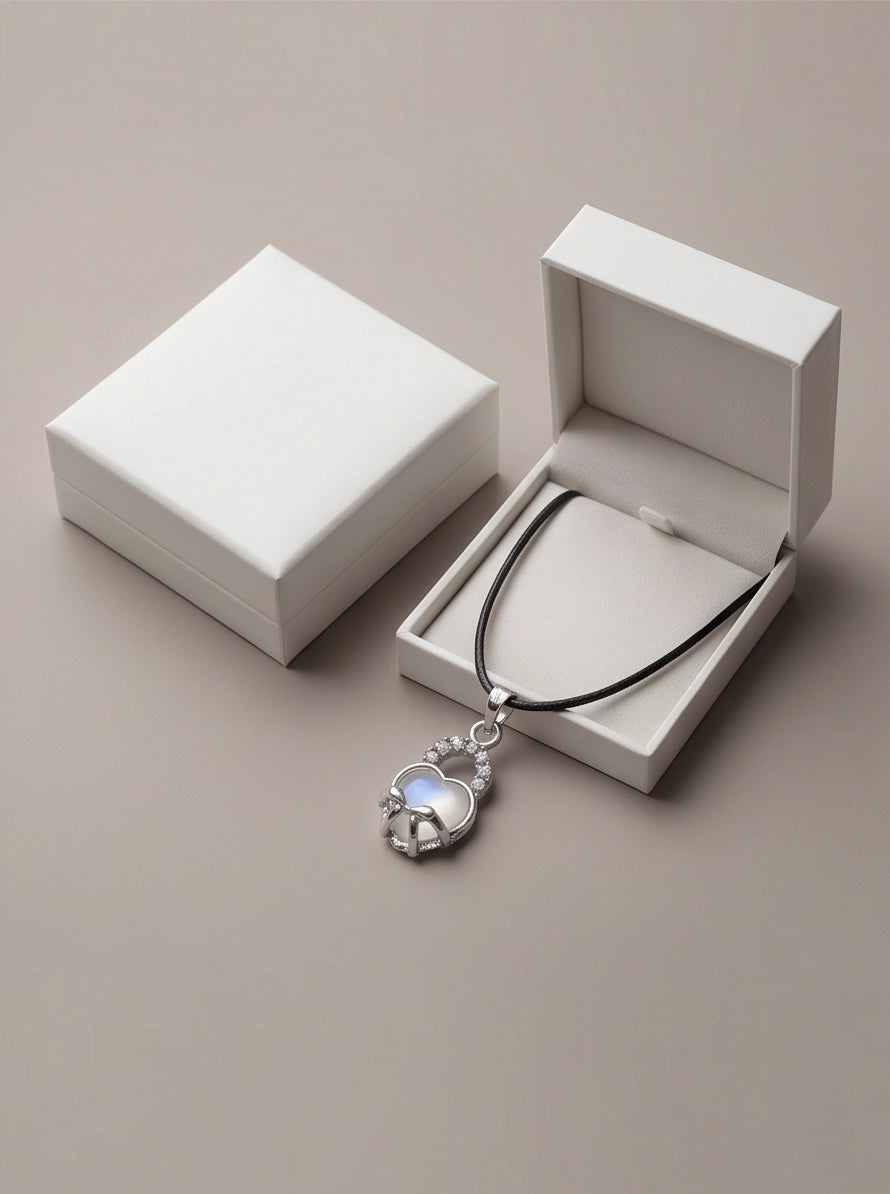 White Moonstone Heart Bow Lock Pendant Necklace