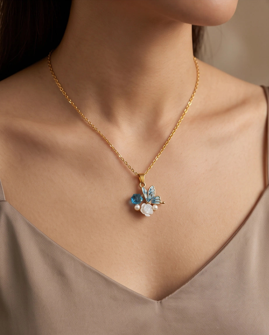 Gold Blue Enamel Butterfly & Pearl Rose Cluster Pendant Necklace