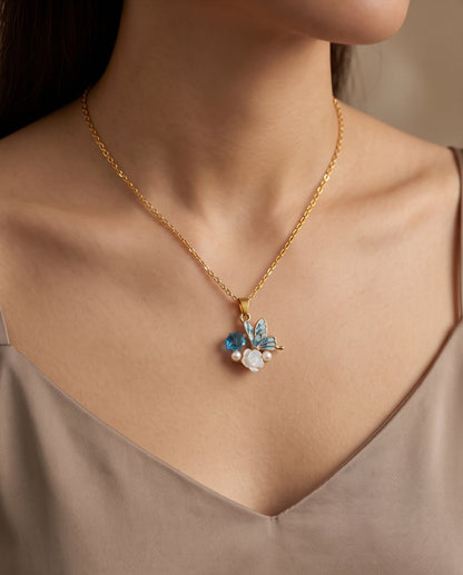 Gold Blue Enamel Butterfly & Pearl Rose Cluster Pendant Necklace
