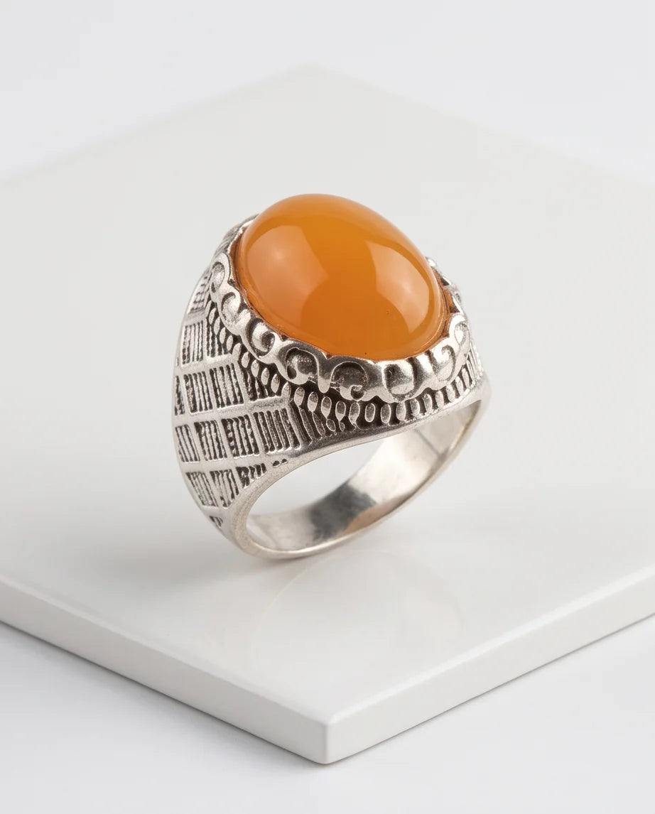 Amber Cabochon Crown Bezel Crosshatch Silver Ring