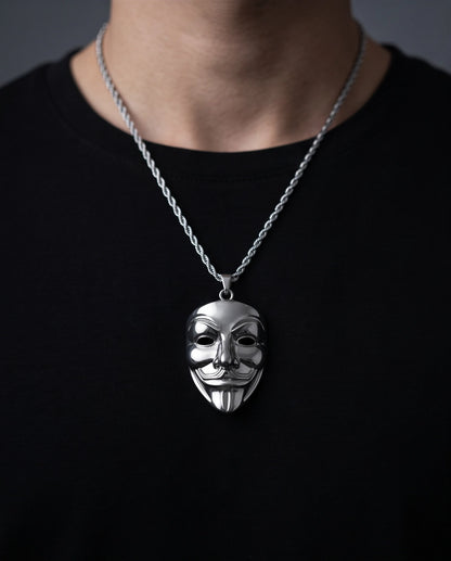 Silver Guy Fawkes Mask Rope Chain Necklace