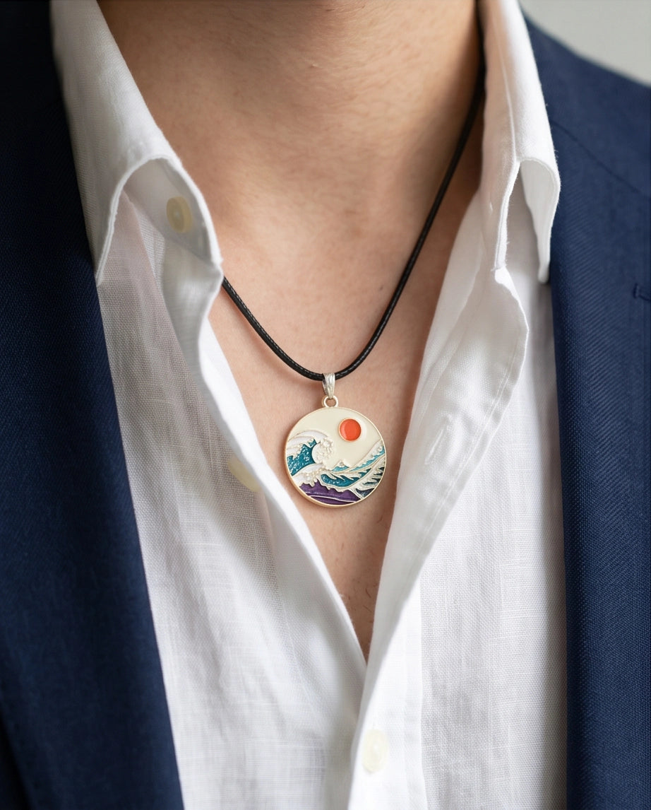 Great Wave & Sun Medallion Pendant Necklace