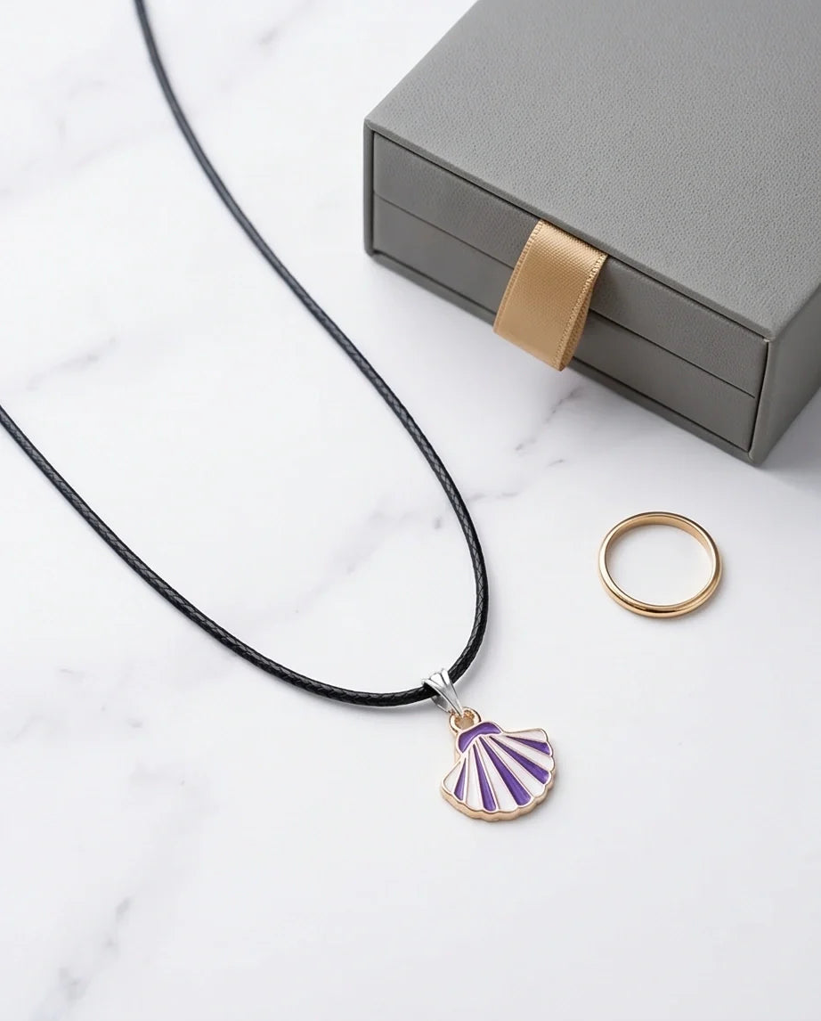 Striped Purple and White Seashell Enamel Pendant Necklace