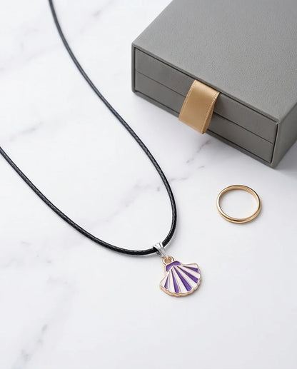 Striped Purple and White Seashell Enamel Pendant Necklace