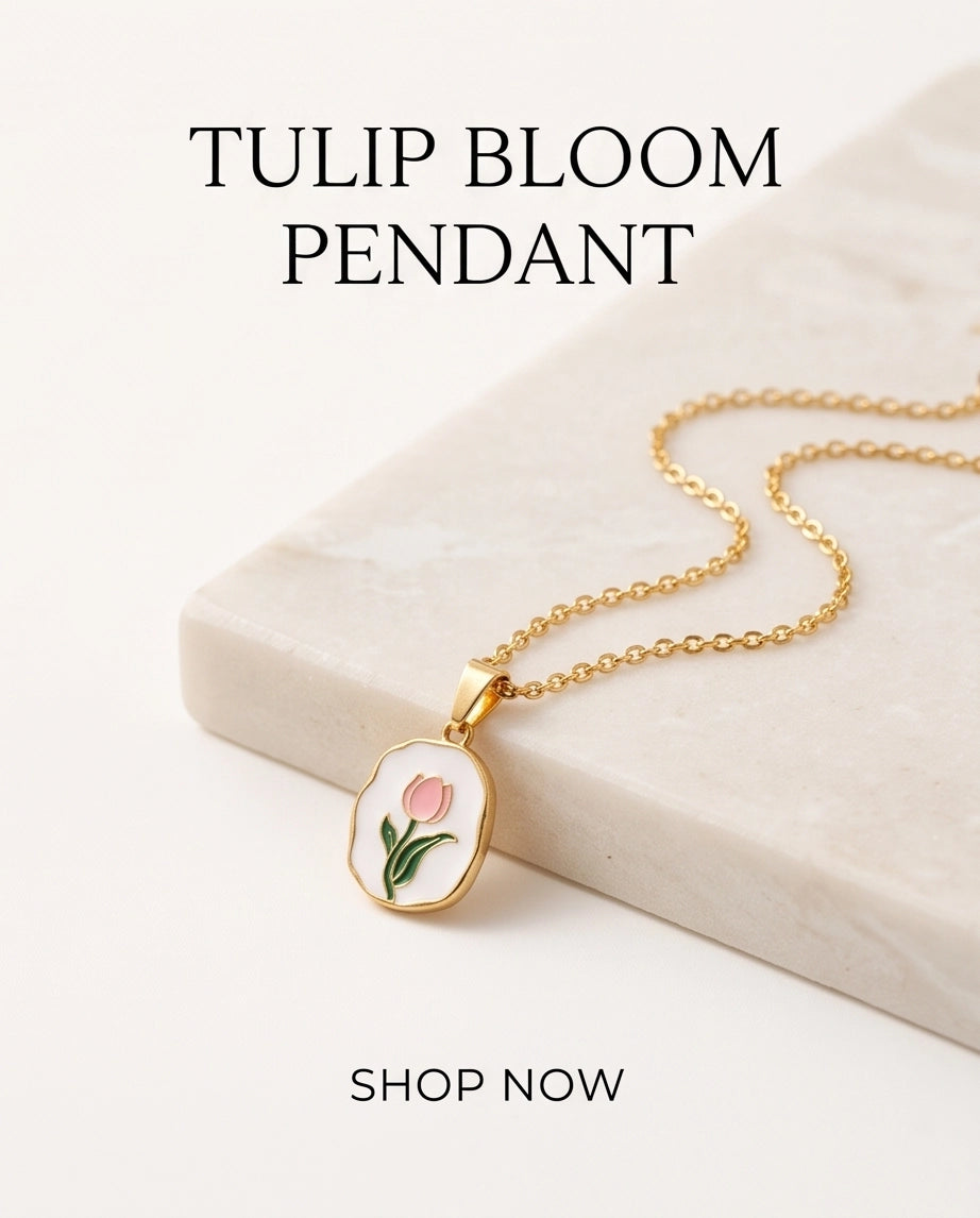 Gold Pink Tulip Enamel Medallion Chain Necklace