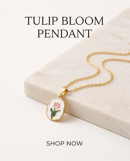 Gold Pink Tulip Enamel Medallion Chain Necklace