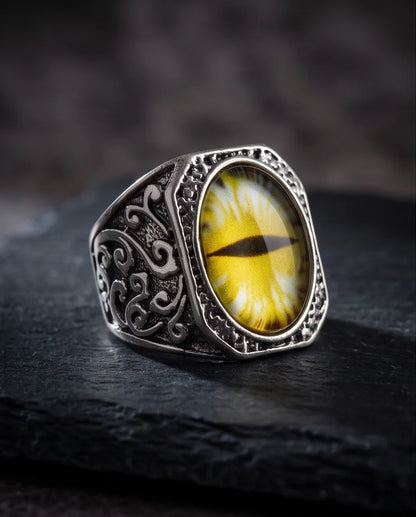 Amber Slit-Pupil Gilded Frame Silver Ring