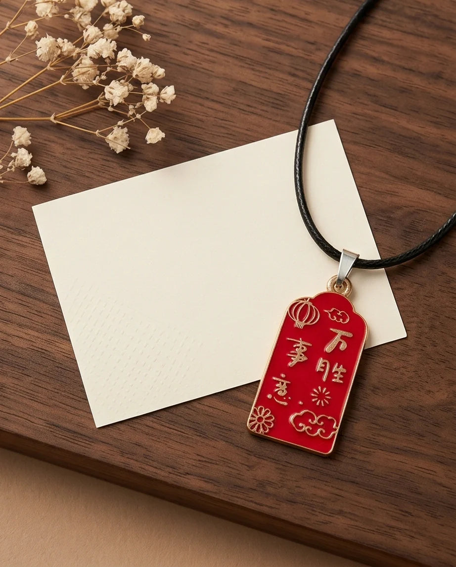 Traditional Red Rectangular "Wan Shi Ru Yi" Blessings Pendant Necklace