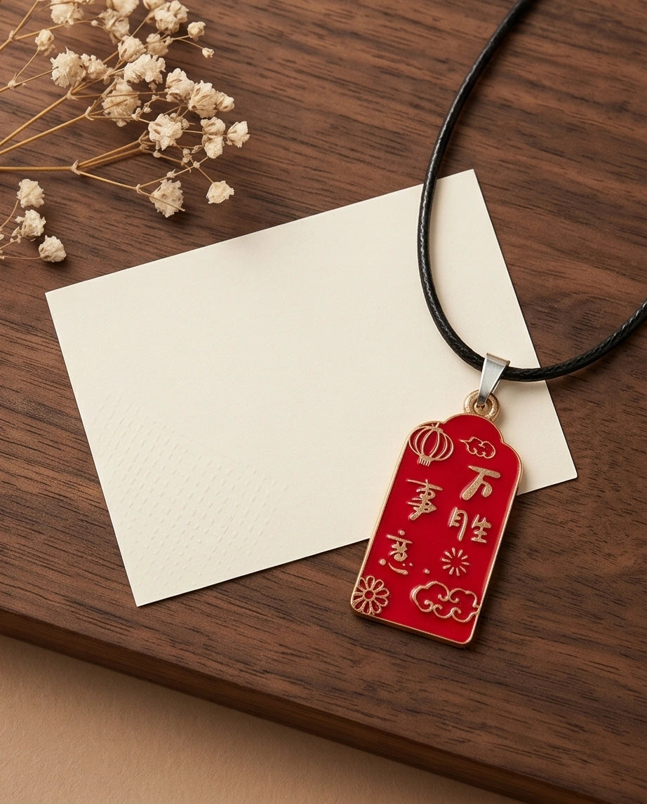 Traditional Red Rectangular "Wan Shi Ru Yi" Blessings Pendant Necklace