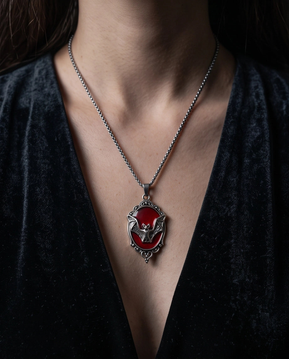 Antique Silver Gothic Bat Red Enamel Medallion Chain Necklace