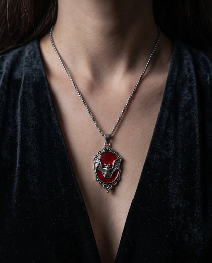 Antique Silver Gothic Bat Red Enamel Medallion Chain Necklace