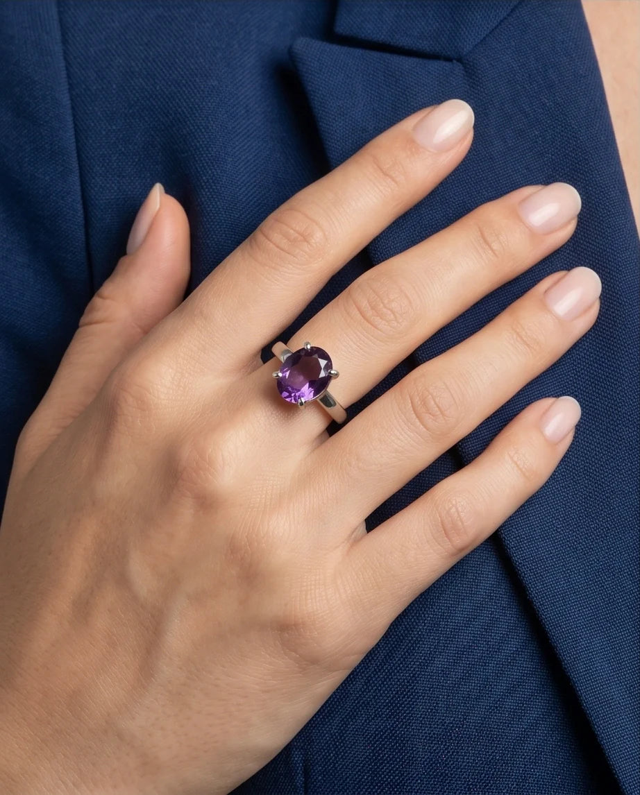 Sterling Silver Oval Amethyst Solitaire Ring