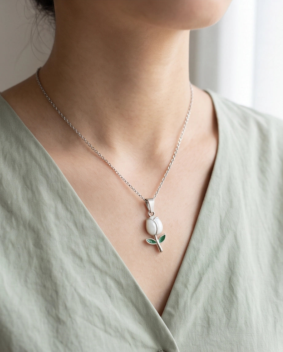Silver White Enamel Tulip Pendant Necklace