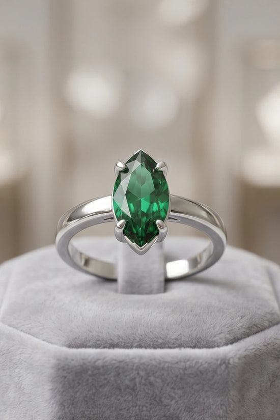 Sterling Silver Marquise-Cut Green Emerald Solitaire Ring