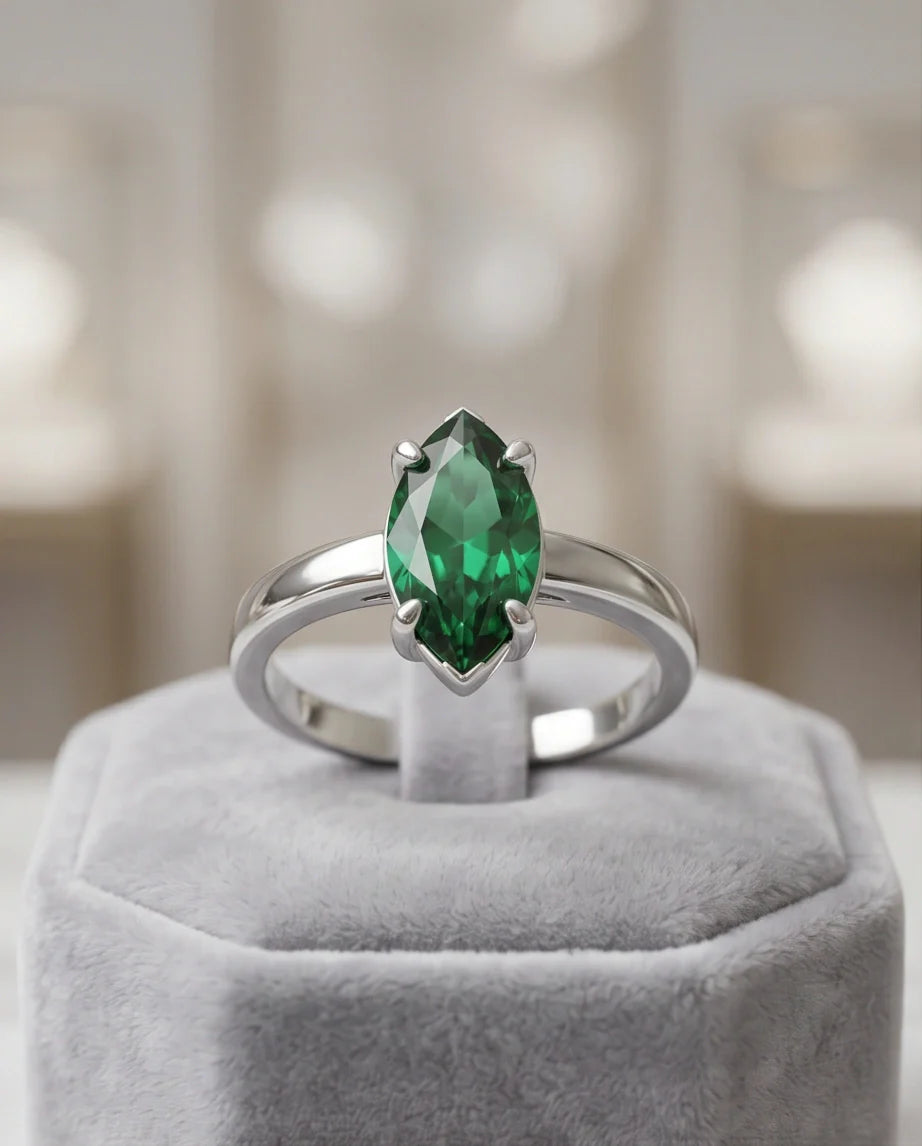 Sterling Silver Marquise-Cut Green Emerald Solitaire Ring