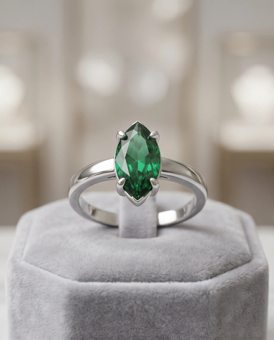 Sterling Silver Marquise-Cut Green Emerald Solitaire Ring