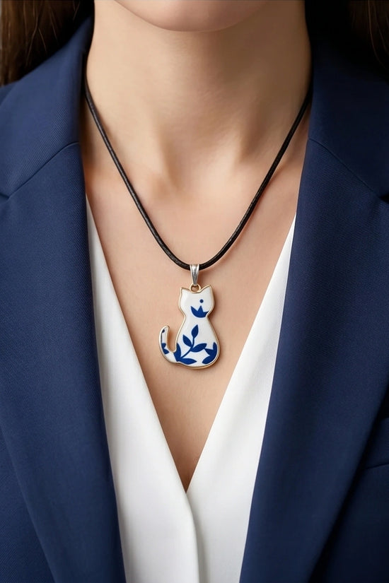 Artistic Blue Porcelain Feline Silhouette Pendant Necklace