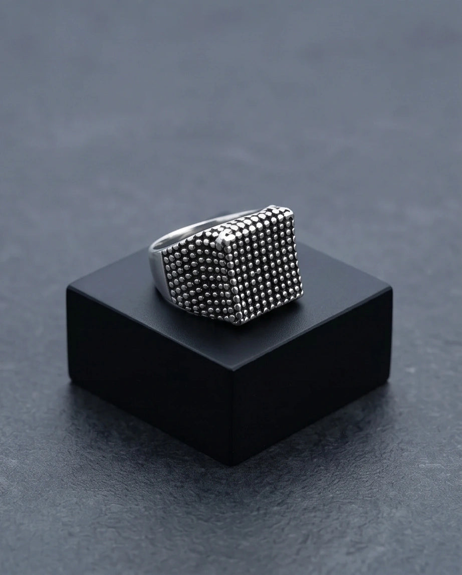 Vintage Sterling Silver Industrial Micro-Beaded Signet Ring