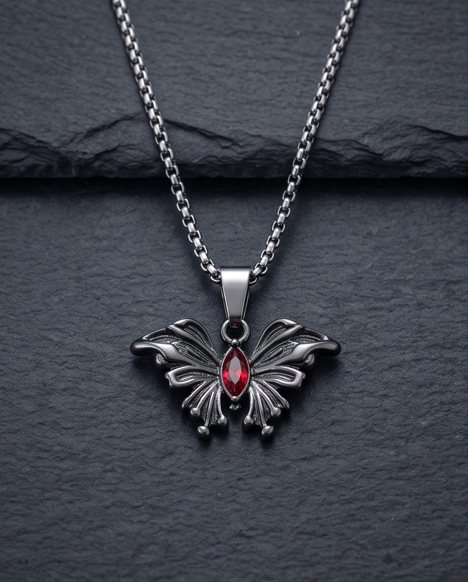 Black Gothic Butterfly Red Gem Pendant Necklace