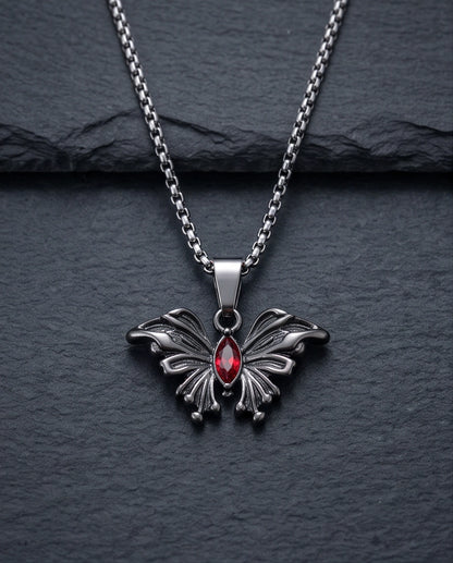 Black Gothic Butterfly Red Gem Pendant Necklace