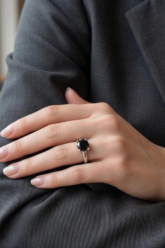 Sterling Silver Round-Cut High Crown Black Solitaire Ring