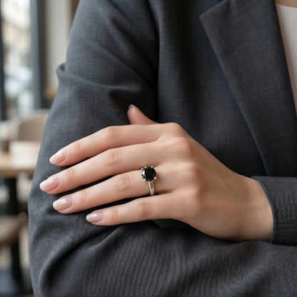 Sterling Silver Round-Cut High Crown Black Solitaire Ring