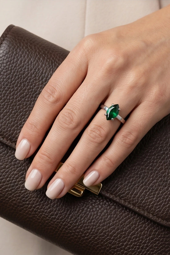 Sterling Silver Marquise-Cut Green Emerald Solitaire Ring