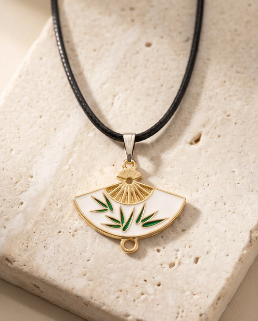 White Enamel Bamboo Fan Pendant Necklace