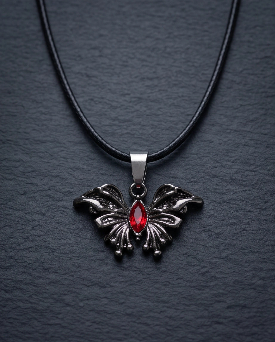 Black Gothic Butterfly Red Gem Pendant Necklace