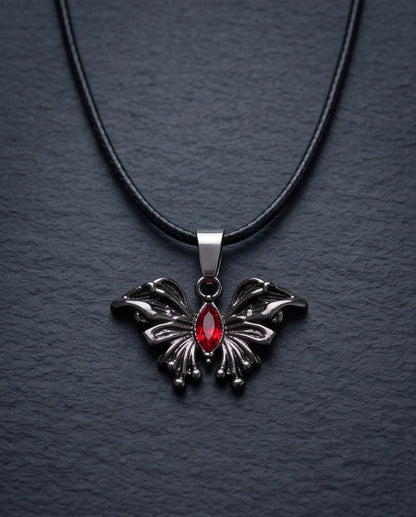 Black Gothic Butterfly Red Gem Pendant Necklace