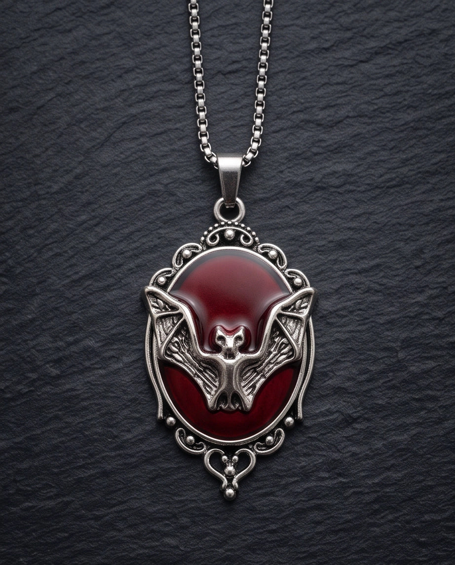 Antique Silver Gothic Bat Red Enamel Medallion Chain Necklace
