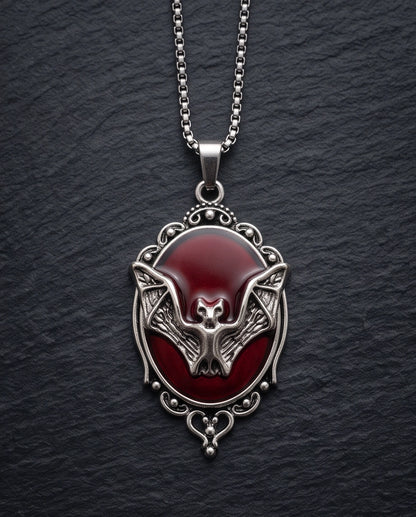 Antique Silver Gothic Bat Red Enamel Medallion Chain Necklace