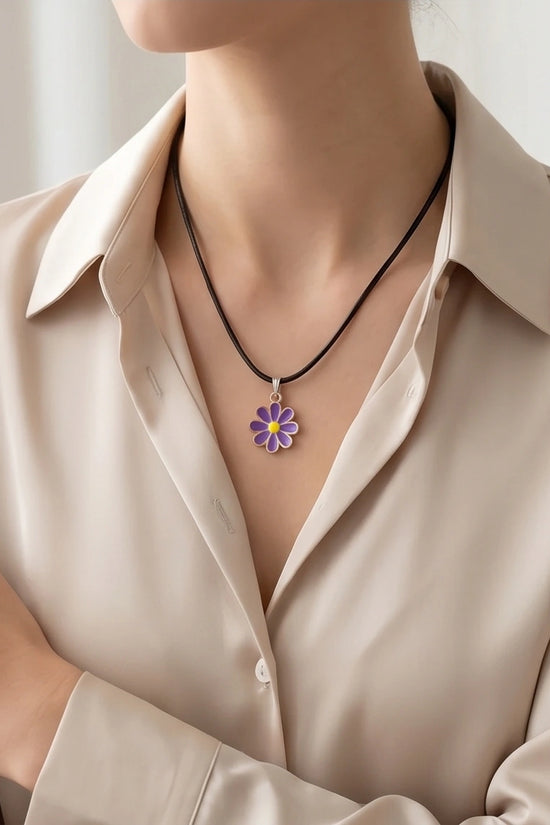 Vibrant Purple Daisy Enamel Pendant Necklace