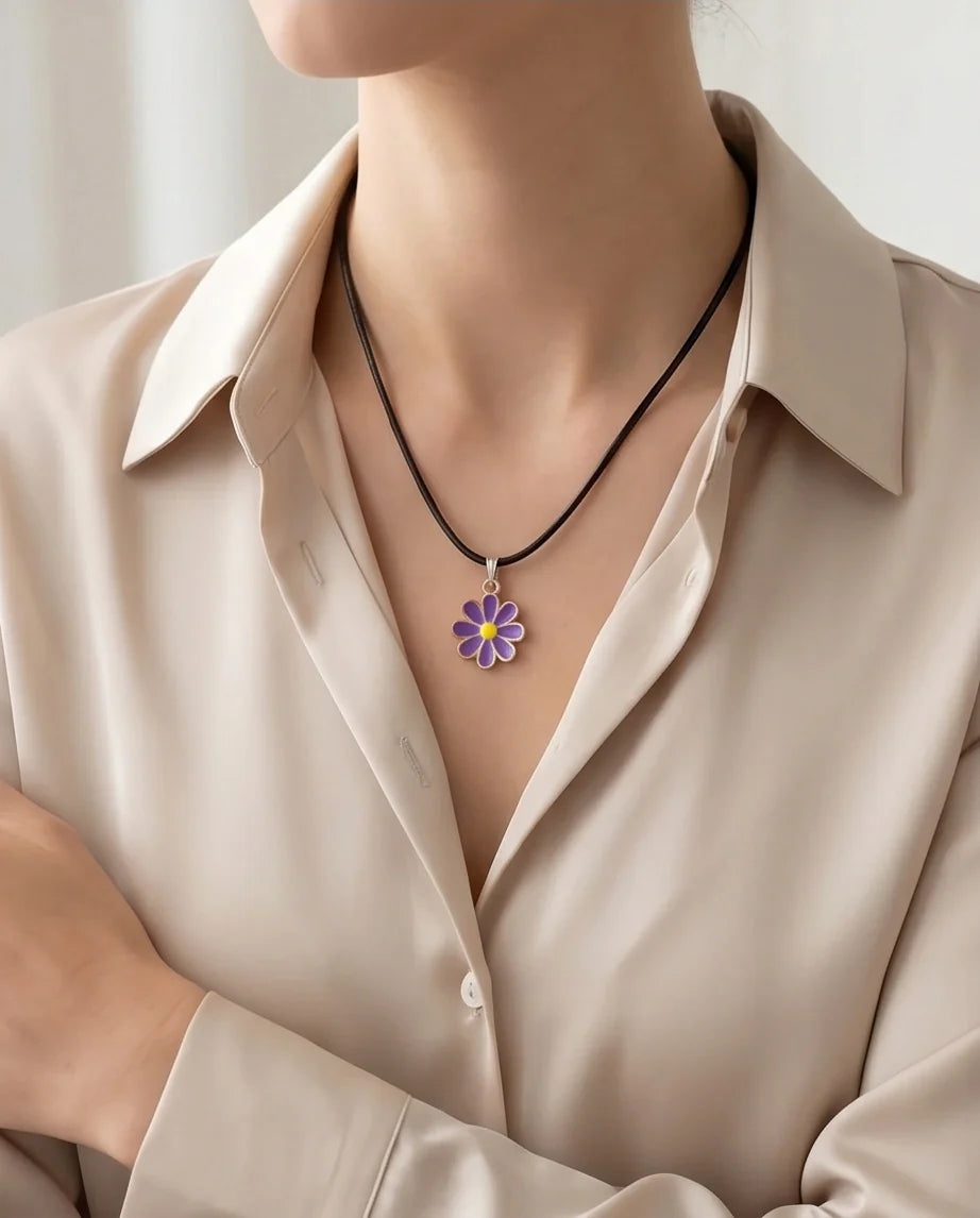 Vibrant Purple Daisy Enamel Pendant Necklace