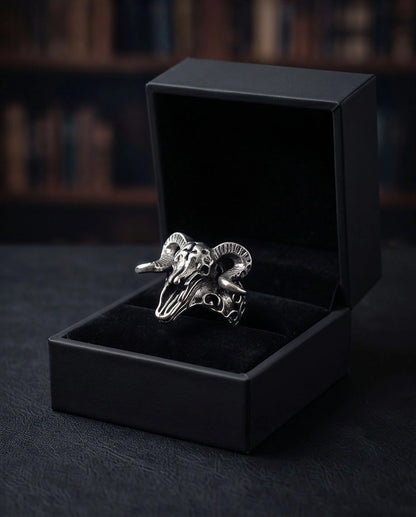 Oxidized Silver Ram Skull Sculpted Ring